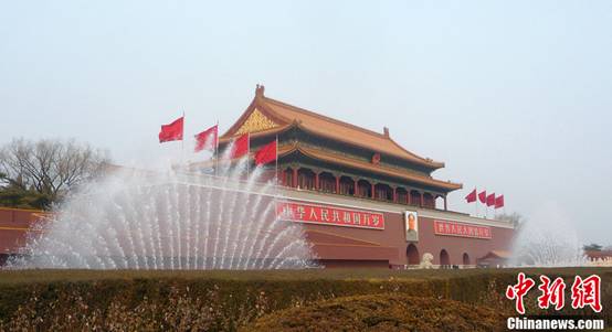 Fountains spring up high in front of the Tiananmen rostrum in Beijing, Feb. 28, 2012. The two sessions of the National People&apos;s Congress (NPC) and Chinese People&apos;s Political Consultative Conference (CPPCC) will be held in Beijing from March 3 to 14, 2012. 