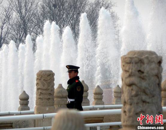 Fountains spring up high in front of the Tiananmen rostrum in Beijing, Feb. 28, 2012. The two sessions of the National People&apos;s Congress (NPC) and Chinese People&apos;s Political Consultative Conference (CPPCC) will be held in Beijing from March 3 to 14, 2012. 