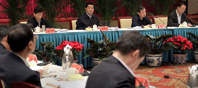 Jia Qinglin (3rd R back), chairman of the National Committee of the Chinese People's Political Consultative Conference (CPPCC), addresses a meeting on Tibet and other Tibetan-inhabited areas in Beijing, capital of China, March 1, 2012.