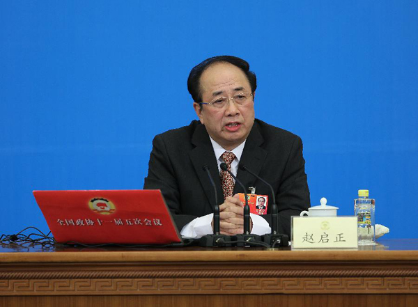 Zhao Qizheng, spokesman of the Fifth Session of the 11th Chinese People&apos;s Political Consultative Conference (CPPCC) National Committee, speaks during a news conference on the CPPCC session at the Great Hall of the People in Beijing, capital of China, March 2, 2012.