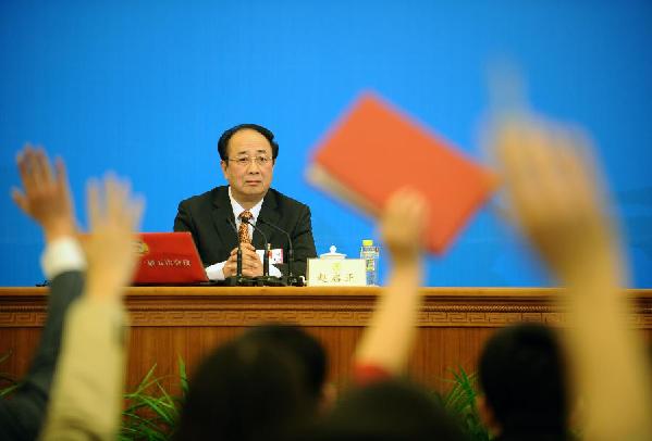 Zhao Qizheng, spokesman of the Fifth Session of the 11th Chinese People&apos;s Political Consultative Conference (CPPCC) National Committee, speaks during a news conference on the CPPCC session at the Great Hall of the People in Beijing, capital of China, March 2, 2012. 