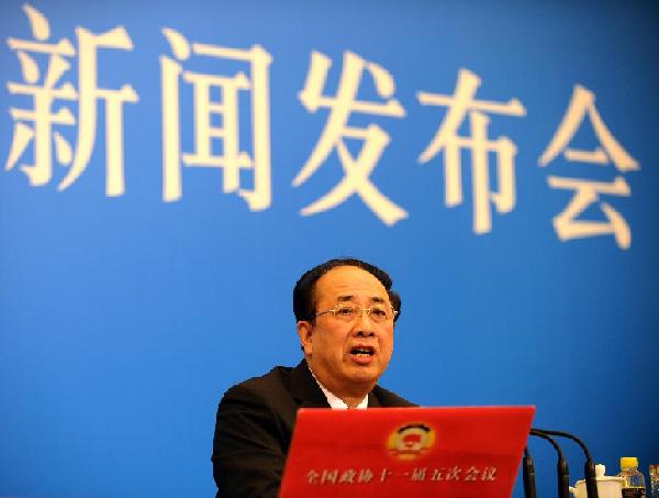 Zhao Qizheng, spokesman of the Fifth Session of the 11th Chinese People&apos;s Political Consultative Conference (CPPCC) National Committee, speaks during a news conference on the CPPCC session at the Great Hall of the People in Beijing, capital of China, March 2, 2012.