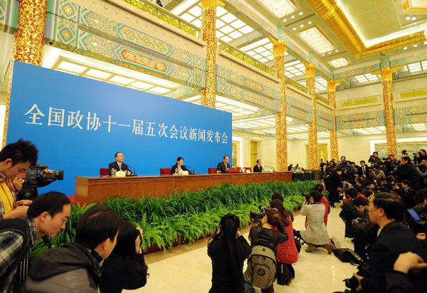 Photo taken on March 2, 2012 shows the scene of a news conference on the Fifth Session of the 11th Chinese People&apos;s Political Consultative Conference (CPPCC) National Committee held at the Great Hall of the People in Beijing, capital of China.