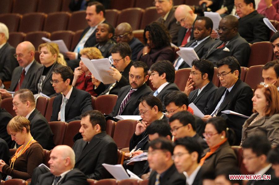 Foreign ambassadors and diplomats audit the Fifth Session of the 11th National Committee of the Chinese People's Political Consultative Conference (CPPCC) at the Great Hall of the People in Beijing, capital of China, March 3, 2012. 