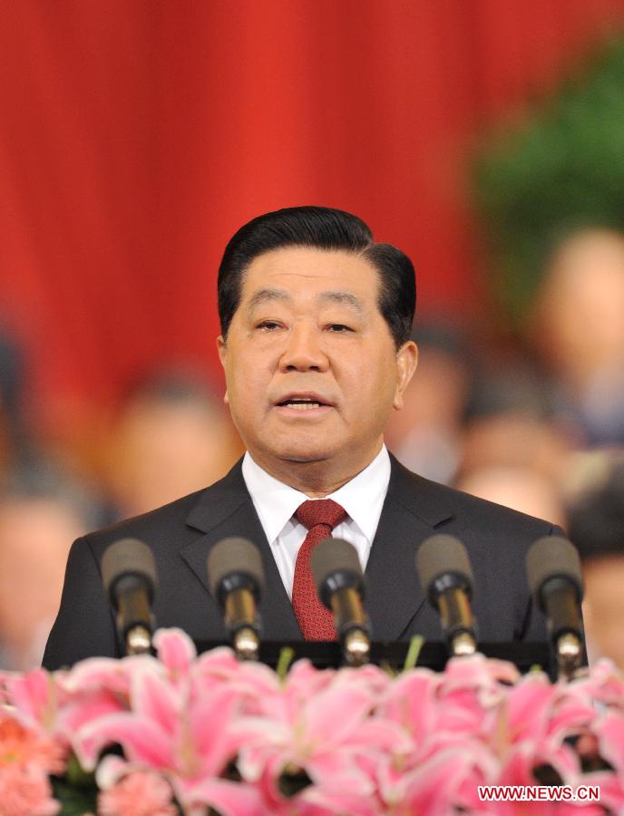 Jia Qinglin, chairman of the National Committee of the Chinese People's Political Consultative Conference (CPPCC), delivers a report at the Great Hall of the People in Beijing, capital of China, March 3, 2012. The Fifth Session of the 11th CPPCC National Committee opened in Beijing on Saturday afternoon. 