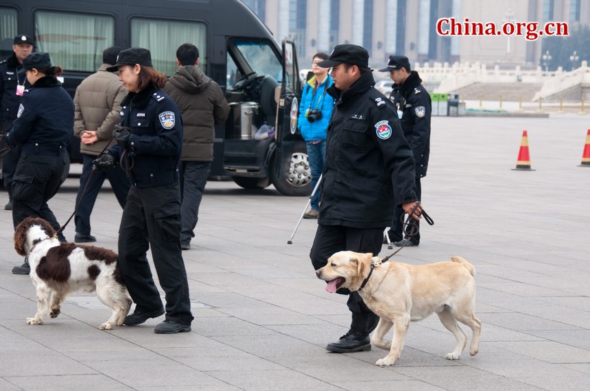 Police also sniff dogs to detect possible dangerous items on journalists' vehicles parked on the Tian'anmen Square on Saturday afternoon as the CPPCC opens its annual sessions. [China.org.cn]