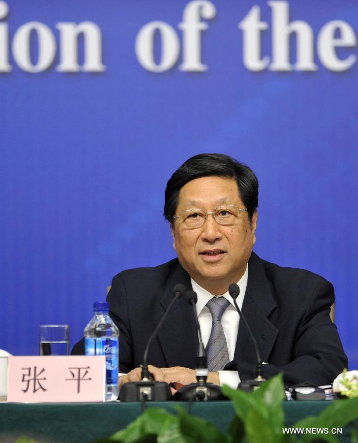 Zhang Ping, minister of the National Development and Reform Commission, speaks at a press conference of the Fifth Session of the 11th National People's Congress (NPC) in Beijing, capital of China, March 5, 2012.