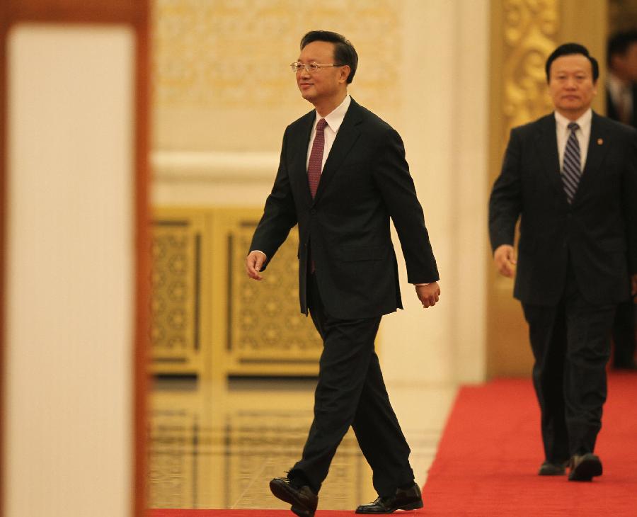 Chinese Foreign Minister Yang Jiechi walks in before a news conference on the sidelines of the Fifth Session of the 11th National People&apos;s Congress (NPC) at the Great Hall of the People in Beijing, China, March 6, 2012. 