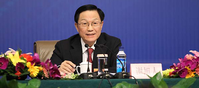 Minister of Finance Xie Xuren gives a press conference on China's fiscal policy in Beijing, March 6, 2012.