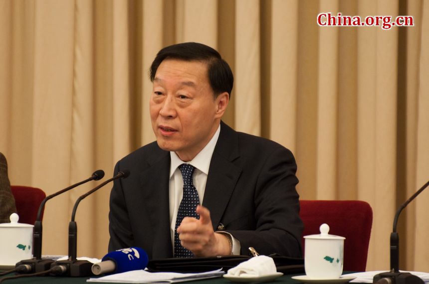 Luo Zhijun, Party chief of Jiangsu Province speaks at the panel discussion. The Jiangsu delegation to the 11th National People&apos;s Congress (NPC) holds an all-member panel discussion session on Wednesday afternoon at the Jiangsu Hall in the Great Hall of the People, Beijing, China. [China.org.cn]