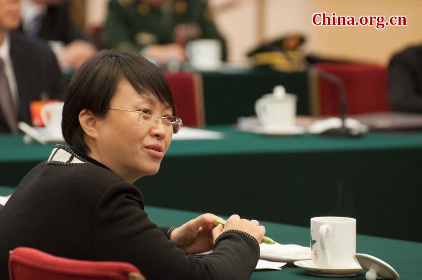 Wang Yanwen, Chief of Information Department of Jiangsu Provincial Government, at the all-member panel discussion session on Wednesday afternoon at the Jiangsu Hall in the Great Hall of the People, Beijing, China. [China.org.cn]