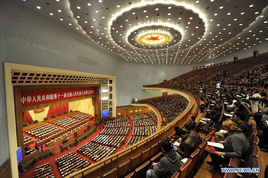 The second plenary meeting of the Fifth Session of the 11th National People's Congress (NPC) is held at the Great Hall of the People in Beijing, capital of China, March 8, 2012.