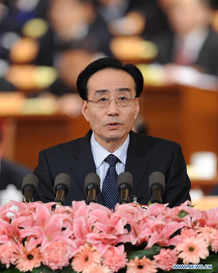 Lu Budong, a member of the 11th National Committee of the Chinese People's Political Consultative Conference (CPPCC), speaks during the second plenary meeting of the Fifth Session of the 11th CPPCC National Committee at the Great Hall of the People in Beijing, capital of China, March 9, 2012.