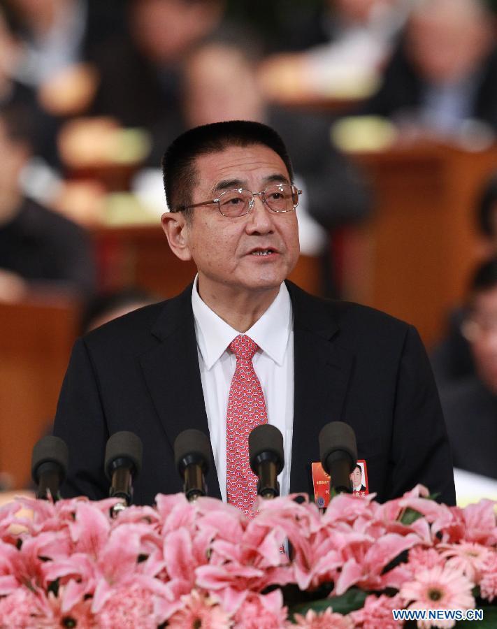 Liu Kegu, a member of the 11th National Committee of the Chinese People&apos;s Political Consultative Conference (CPPCC), speaks during the second plenary meeting of the Fifth Session of the 11th CPPCC National Committee at the Great Hall of the People in Beijing, capital of China, March 9, 2012.