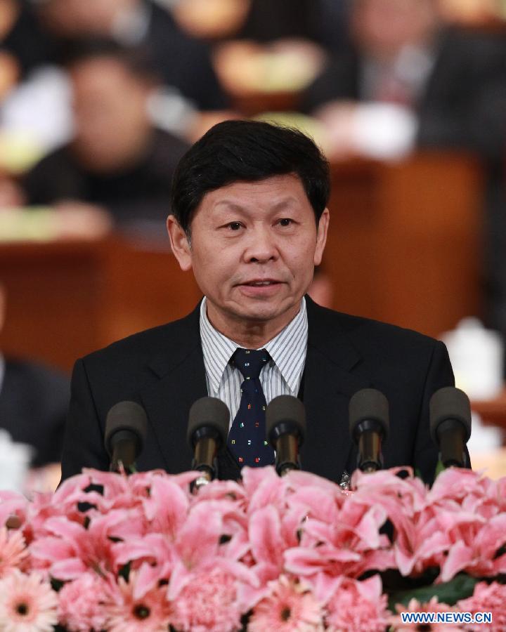 Song Xiaowu, a member of the 11th National Committee of the Chinese People&apos;s Political Consultative Conference (CPPCC), speaks during the second plenary meeting of the Fifth Session of the 11th CPPCC National Committee at the Great Hall of the People in Beijing, capital of China, March 9, 2012.