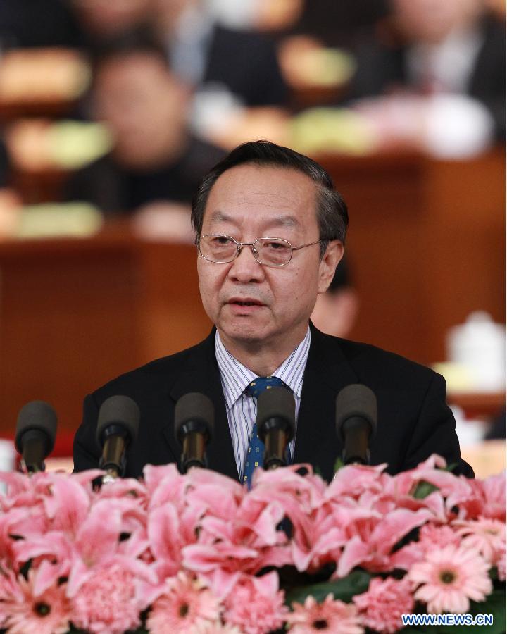 Li Yizhong, a member of the 11th National Committee of the Chinese People&apos;s Political Consultative Conference (CPPCC), speaks during the second plenary meeting of the Fifth Session of the 11th CPPCC National Committee at the Great Hall of the People in Beijing, capital of China, March 9, 2012.