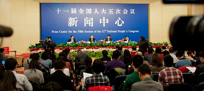 The Legislative Affairs Commission of the 11th National People's Congress holds a press conference on Thursday afternoon, March 8, 2012, at the NPC Press Center of China Central Television (CCTV)'s Media Center.