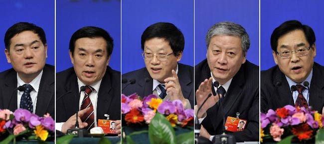 This combined photo taken on March 9, 2012 shows members of the 11th National Committee of the Chinese People's Political Consultative Conference (CPPCC) Li Heping, Liu Changming, Zhang Ping, Zhong Binglin, Xi Jieying and Zhao Lihong (from left to right) attending a news conference of the Fifth Session of the 11th CPPCC National Committee on improving education quality in Beijing, capital of China.