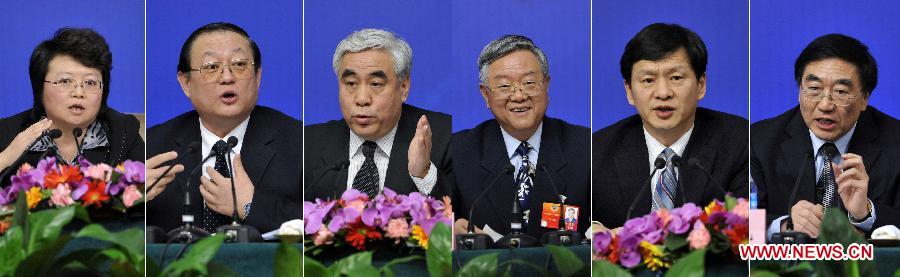 The combined photo shows members of the 11th National Committee of the Chinese People's Political Consultative Conference (CPPCC) Zhao Ping (3rd L), Wu Mingjiang (3rd R), Li Liming (2nd L), Chen Zhongqiang (2nd R), Wu Ming (1st L) and Wang Zhili (1st R) attending a news conference of the Fifth Session of the 11th CPPCC National Committee on the reform of medical, health care services in Beijing, capital of China, March 10, 2012.