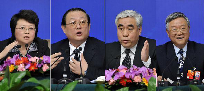 Members of the 11th National Committee of the Chinese People's Political Consultative Conference (CPPCC) attend a news conference of the Fifth Session of the 11th CPPCC National Committee on the reform of medical, health care services in Beijing, capital of China, March 10, 2012.