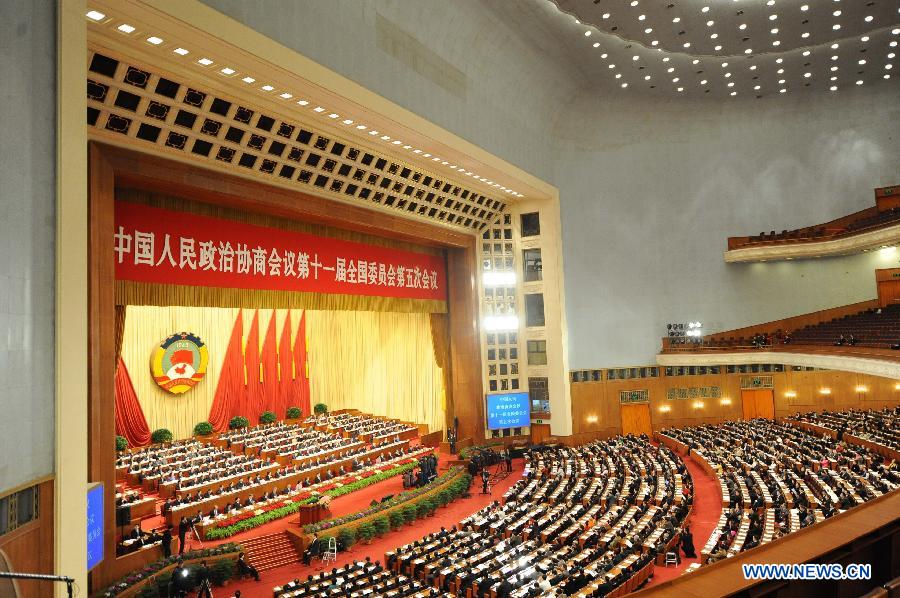 The third plenary meeting of the Fifth Session of the 11th National Committee of the Chinese People&apos;s Political Consultative Conference (CPPCC) is held at the Great Hall of the People in Beijing, capital of China, March 10, 2012.
