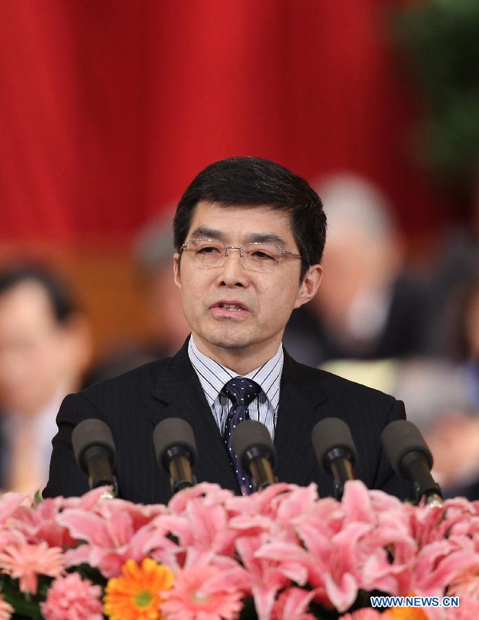 Ouyang Minggao, a member of the 11th National Committee of the Chinese People&apos;s Political Consultative Conference (CPPCC) speaks during the third plenary meeting of the Fifth Session of the 11th CPPCC National Committee at the Great Hall of the People in Beijing, capital of China, March 10, 2012.