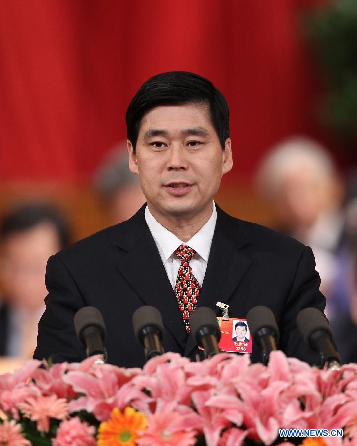 Qian Xueming, a member of the 11th National Committee of the Chinese People&apos;s Political Consultative Conference (CPPCC) speaks during the third plenary meeting of the Fifth Session of the 11th CPPCC National Committee at the Great Hall of the People in Beijing, capital of China, March 10, 2012.