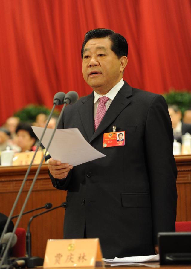 Jia Qinglin, chairman of the 11th National Committee of the Chinese People's Political Consultative Conference (CPPCC), presides over the closing meeting of the Fifth Session of the 11th CPPCC National Committee and gives a speech at the Great Hall of the People in Beijing, capital of China, March 13, 2012.