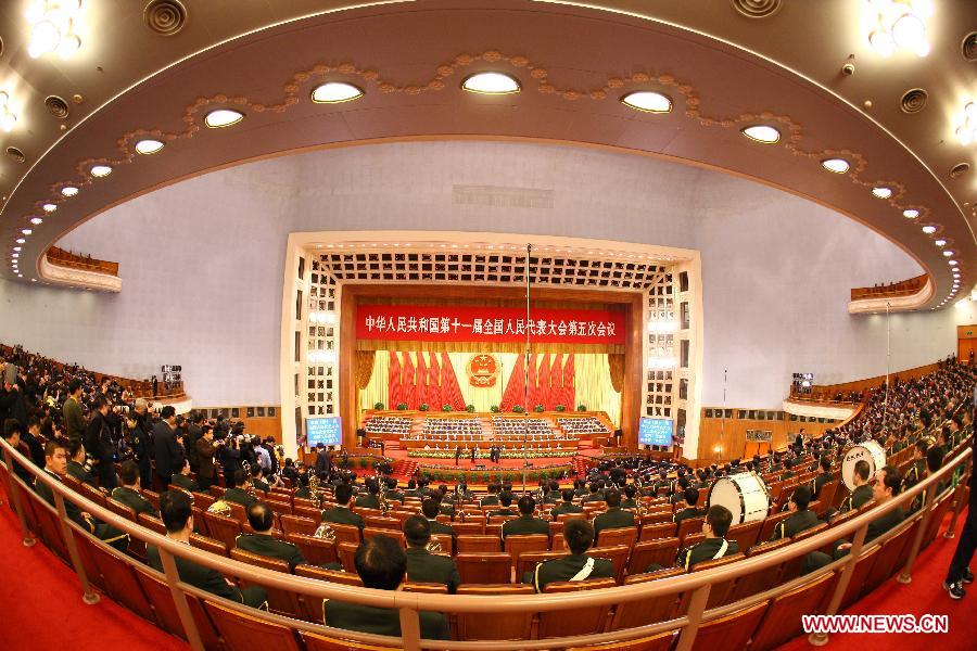 The closing meeting of the Fifth Session of the 11th National People&apos;s Congress (NPC) is held at the Great Hall of the People in Beijing, capital of China, March 14, 2012.