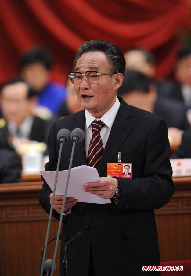 Wu Bangguo, chairman of the Standing Committee of the National People's Congress (NPC), presides over the closing meeting of the Fifth Session of the 11th NPC at the Great Hall of the People in Beijing, capital of China, March 14, 2012. 