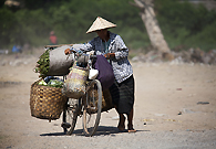 An old woman in her fifties, is pushing her bicycle loaded with groceries for her little grocery shop，under the hottest sun at noon.