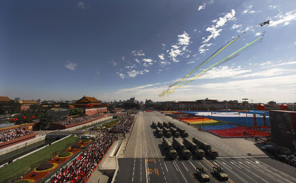 A group of aircrafts fly above Tian'anmen Square during a ceremony to mark the 60th anniversary of the founding of the People's Republic of China on Oct 1, 2009.