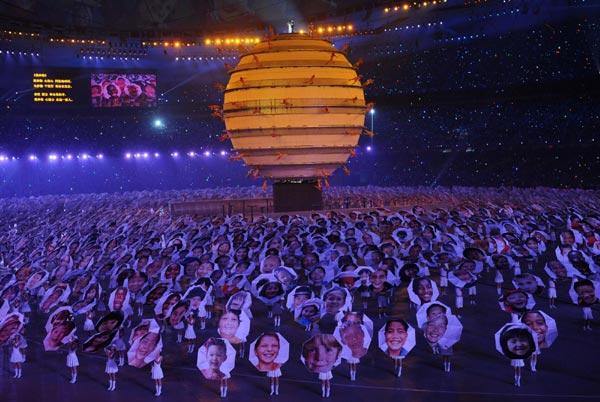 Artists perform during the opening ceremony of the Beijing Summer Olympic Games at the Beijing National Stadium on August 8, 2008.