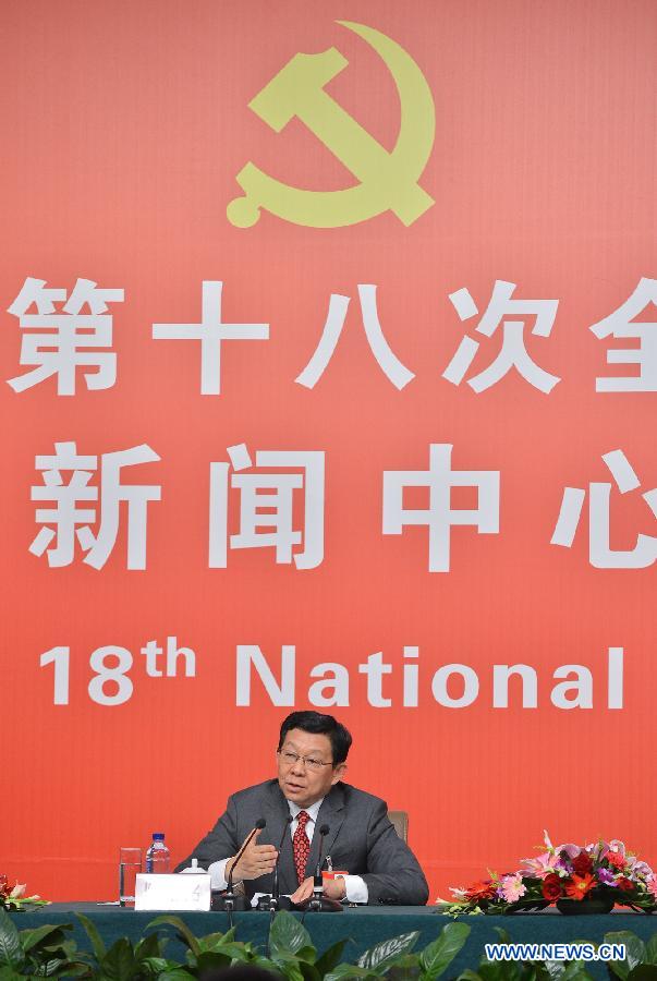 Chinese Minister of Commerce Chen Deming receives interview at the press center of the 18th National Congress of the Communist Party of China (CPC) in Beijing, capital of China, Nov. 10, 2012.