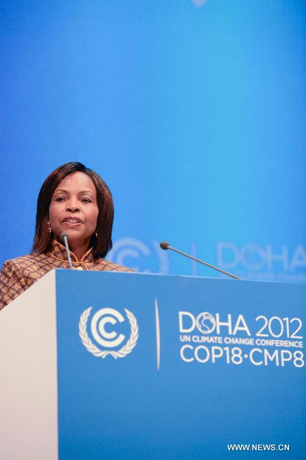 The 17th Conference of Parties (COP 17) to the UN Framework Convention on Climate Change (UNFCCC) President Maite Nkoana-Mashabane addresses the opening ceremony of the UN climate change conference in Doha, capital of Qatar, on Nov. 26, 2012. 