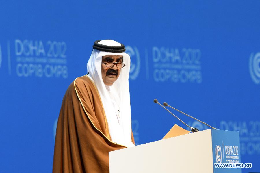 Qatari Emir Sheikh Hamad Bin Khalifa Al-Thani speaks during the opening session of the high-level segment of the United Nations Climate Change Conference in Doha, Qatar, on Dec. 4, 2012.