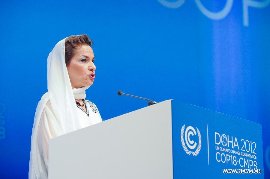 UN Framework Convention on Climate Change (UNFCCC) Executive Secretary Christiana Figueres speaks during the opening session of the high-level segment of the United Nations Climate Change Conference in Doha, Qatar, on Dec. 4, 2012.