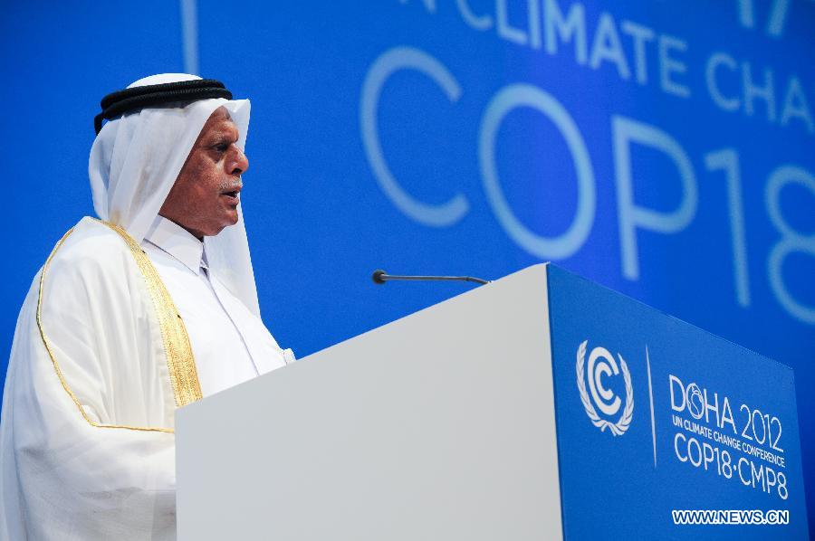 Abdullah Bin Hamad Al Attiyah, president of the 18th Conference of the Parties (COP18) to the United Nations Framework Convention on Climate Change (UNFCCC), speaks during the opening session of the high-level segment of the United Nations Climate Change Conference in Doha, Qatar, on Dec. 4, 2012.