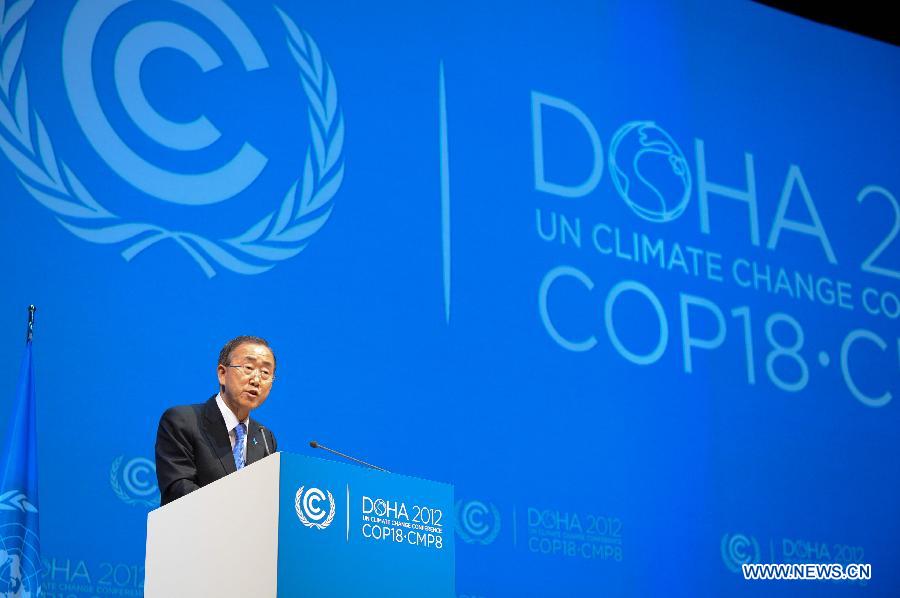 United Nations Secretary-General Ban Ki-moon speaks during the opening session of the high-level segment of the United Nations Climate Change Conference in Doha, Qatar, on Dec. 4, 2012.