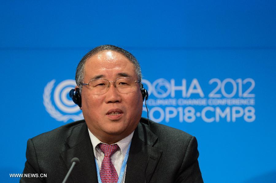 Xie Zhenhua, head of China's delegation to the ongoing UN climate talks, attends the Basic group press conference in Doha, Qatar, on Dec. 6, 2012.