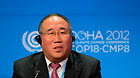Xie Zhenhua, head of China's delegation to the ongoing UN climate talks, attends the Basic group press conference in Doha, Qatar, on Dec. 6, 2012.