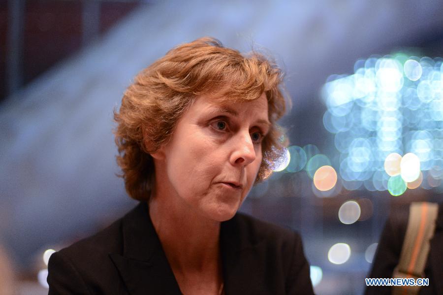 The European Union Climate Commissioner Connie Hedegaard speaks to the media at the Qatar National Convention Center (QNCC) in Doha, Qatar, Dec. 8, 2012. 