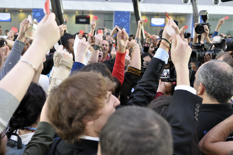 Over a hundred campaigners from non-governmental organizations gathered in outrage under the spider sculpture at Qatar National Convention Centre on December 7, calling for justice, ambition and finance in support of developing countries as two weeks of climate talks may produce the text that fails the planet. 