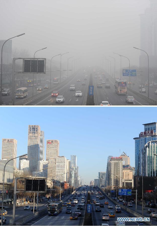 Combo photo respectively taken on Jan. 29, 2013 (up) and Feb. 1, 2013 (bottom) shows buildings near the CBD (Central Business District) in Beijing, capital of China.