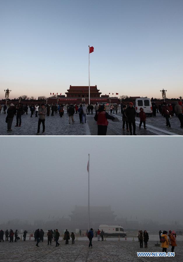 Combo photo respectively taken on Feb. 1, 2013 (up) and Jan. 29, 2013 (bottom) shows the Tian&apos;anmen Suquare in Beijing, capital of China.