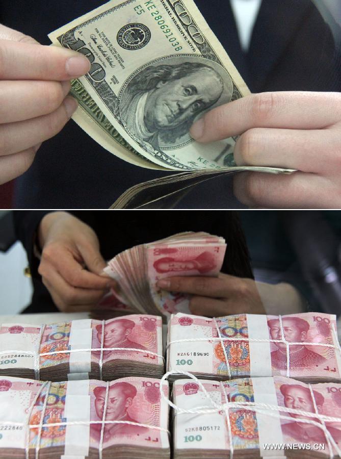 Combined photo taken on May 8, 2013 (upper) and April 11, 2013 (lower) shows workers counting US dollar banknotes and Chinese currency Renminbi banknotes at a bank in Tancheng County of Linyi City, east China&apos;s Shandong Province. 