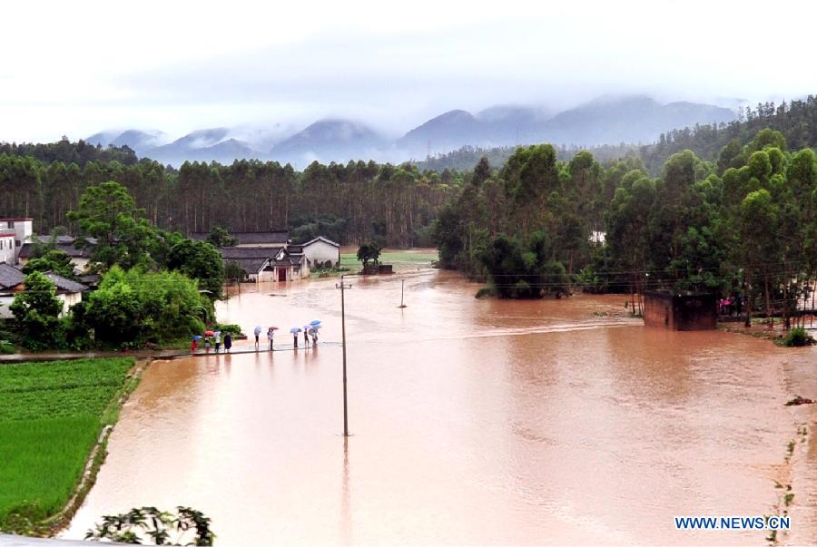 Photo taken on May 19, 2013 shows waterlogged roads and fields in Wenfu Township of Jiaoling County in south China's Guangdong Province. 