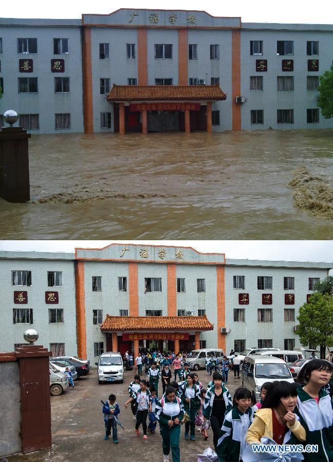 The combo photo shows the flooded Guangfu Middle School (up) on May 19, 2013 and the school resuming classes on May 23, 2013, in Jiaoling County, south China's Guangdong Province. The combo photo shows the flooded Guangfu Middle School (up) on May 19, 2013 and the school resuming classes on May 23, 2013, in Jiaoling County, south China's Guangdong Province.