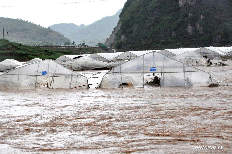 Vegetable greenhouses are flooded in Changba Village of Bijie City, southwest China's Guizhou Province, May 29, 2013.