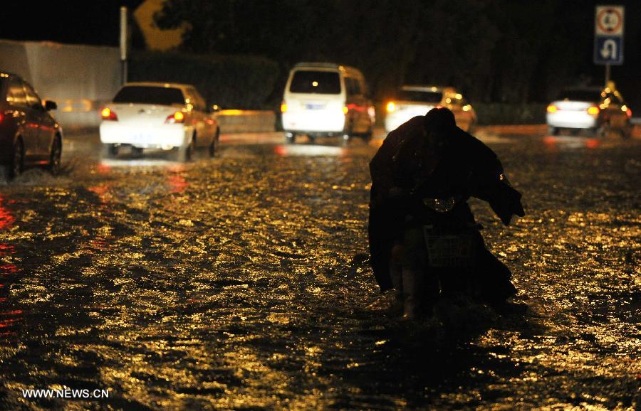 A citizen walks his or her electric bicycle on a waterlogged road in Tianjin, north China, July 4, 2013. 